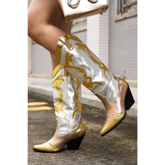 Women's Metallic Gold Mid Calf Western Pointed Toe Comfortable Heel Boots - Picture 2 of 8